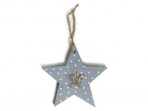 Dekorációs figura szürke csillag, fehér pöttyökkel, ezüst csillámos csillaggal középen