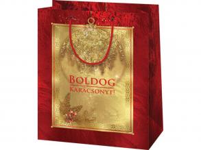 Boldog Karácsonyt feliratos, arany-piros színű közepes méretű exkluzív ajándéktáska 18x10x23cm