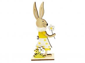 Húsvéti dekorációs figura nyuszi lány virág mintás szoknyában, virágokkal, natúr-sárga