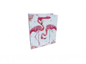 Ajándéktasak - kicsi rózsaszín flamingók fehér alapon virágokkal