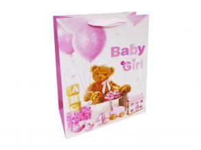 Ajándéktasak - közepes Baby Girl, maci rózsaszín lufival