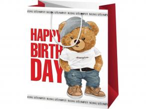 Happy Birthday! mackó mintás nagy méretu exkluzív ajándéktáska 27x14x33cm-es