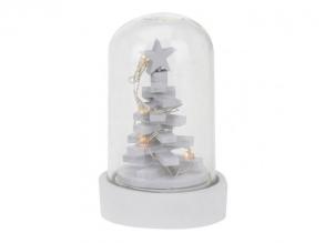 Dekoráció üvegbúrában, fehér (karácsonyfa, LED fűzérrel)