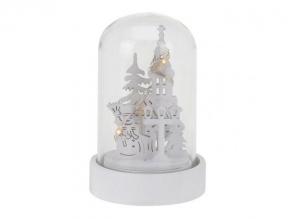 Dekoráció üvegbúrában, fehér (templom hóemberrel, LED fűzérrel)