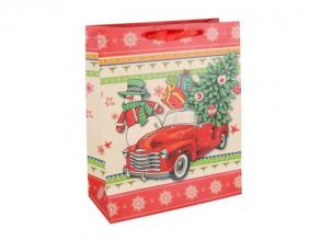 Ajándéktasak - közepes (retro piros kocsi karácsonyfával)