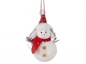 Karácsonyi dekoráció plüss hóember piros sállal és fülvédős sapkával