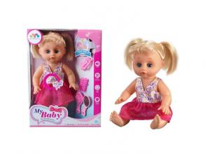 Szőke hajú baba hanggal hajcsavaróval és kiegészítőkkel