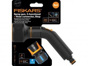 Fiskars Comfort locsolópisztoly, 3 funkciós + CF tömlőcsatlakozó 13-15mm, STOP