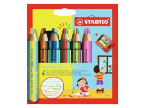 STABILO woody 3 in 1 Duo - Multi-talentum színes ceruza - 6 darabos készlet + ceruzahegyező
