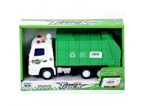 Zöld szemétszállító teherautó fénnyel