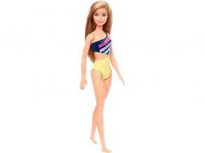 Barbie: Sötétszőke hajú Barbie sárga-sötétkék színű fürdőruhában