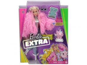 Barbie Extra: Baba rózsaszín bolyhos kabátban, unikornis malaccal - Mattel