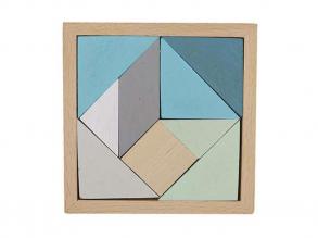 Tangram és tetris építőjáték kék, középen natúr kocka
