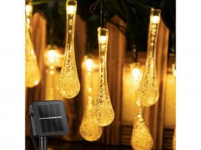 Led fényfüzér , kültéri , napelemes , vízcsepp alakú , 30 db , 2 m , meleg fehér , 8 programos , IP44