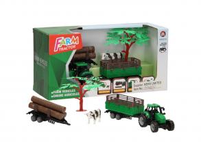 Traktor pótkocsival, rönkökkel és tehénnel, 18 cm