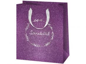 Csillámos lila, Szeretettel felirattal közepes méretű prémium ajándéktáska 18x10x23cm