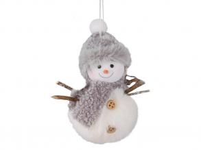 Karácsonyi dekoráció plüss hóember szürke sállal és sapkával