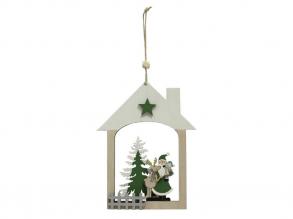 Karácsonyi dekoráció fehér tetejű házikóban Mikulás és fenyőfa