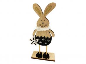 Húsvéti dekorációs figura nyuszi tojás nadrágban, kezében virág, natúr-fekete