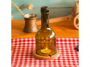 Elegáns fa gyertyatartó üvegpalackkal, 7,5 x 7,5 x 18,5 cm | 100% természetes fa, mosogatógépben mosható üveg