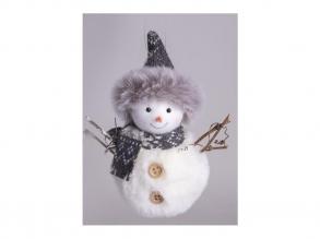 Karácsonyi dekoráció hóember szürke sállal-sapkával, 12 cm