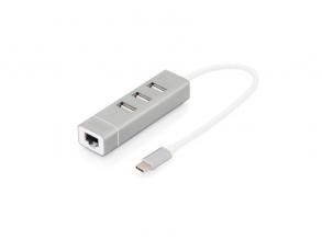DIGITUS USB Type-C Ethernet adapter + 3 portos USB HUB