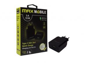 Max Mobile QC 3.0 3A univerzális USB fekete hálózati gyorstöltő Type-C USB kábellel
