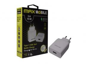 Max Mobile QC 3.0 3A univerzális USB fehér hálózati gyorstöltő Type-C USB kábellel