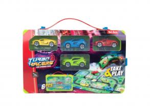 Turbo Racers gyűjtőkoffer autóval és játékszőnyeggel, 6 darabos.