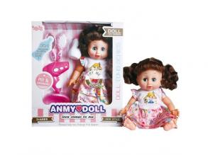 Barna hajú pisilős baba hajszárítóval, bilivel és kiegészítőkkel