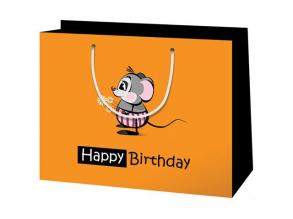 Közepes méretű "Happy Birthday" egeres ajándéktáska 18x23x10cm