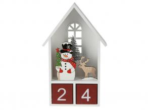 Dekorációs figura, adventi naptár fehér házikóban hóember, piros számkockákkal