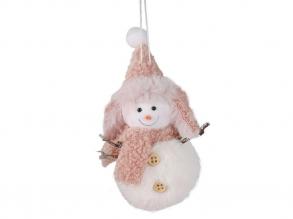 Karácsonyi dekoráció plüss hóember rózsaszín sállal és fülvédős sapkával