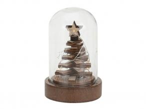 Dekoráció üvegbúrában, nagy, barna karácsonyfa, LED fűzérrel