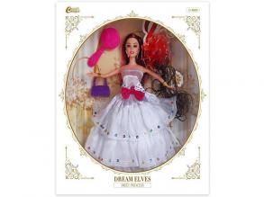 Divatbaba póthajjal és kiegészítőkkel fehér ruhában 30cm