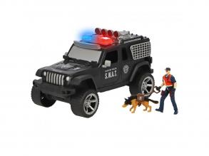 Rendőrautó fény- és hanghatásokkal, rendőrrel, rendőrkutyával és kiegészítőkkel