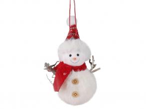 Karácsonyi dekoráció plüss hóember piros sállal és sapkával