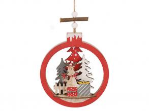Dekorációs figura rénszarvas, piros, szürke és fehér fenyőfával, ajándékokkal