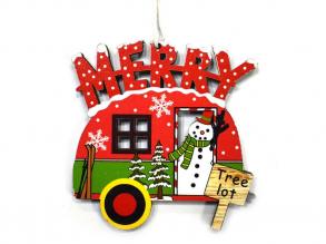 Dekorációs figura 2 db-os, karácsonyi lakókocsiban hóember, MERRY felirattal