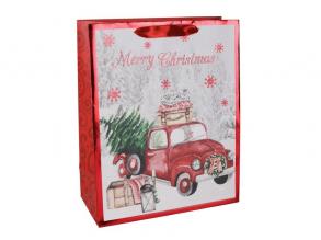 Karácsonyfát szállító autó mintás ajándéktasak, feliratos - 26 x 32 cm
