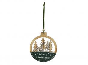 Karácsonyi dekoráció natúr-zöld karikában ezüst rénszarvas és fenyőfák