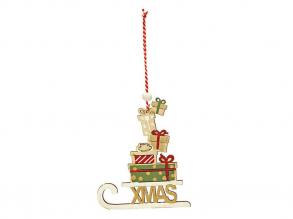 Karácsonyi dekoráció fehér szánkó ajándékokkal és Xmas felirattal