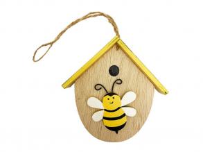 Tavaszi dekorációs figura sárga tetős házikó méhecskével