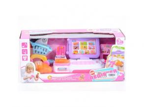 Lila pénztárgép fénnyel és hanggal, kosárral