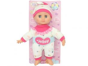 Jelley puha testű 26cm-es baba rózsaszín-fehér mintás ruhában