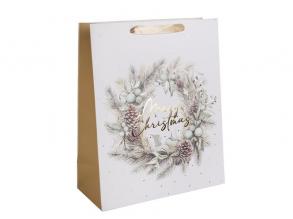 Iris boldog karácsonyt koszorú papírtasak matt fehér/arany 11*14 cm