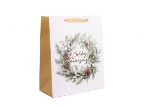 Iris boldog karácsonyt koszorú papírtasak matt fehér/arany 26*32 cm