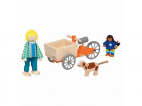 Goki babaház kiegészítő: fából készült kiskocsi gyerekkel és kutyával