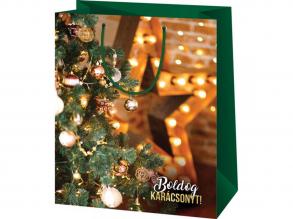 Boldog Karácsonyt díszített karácsonyfa mintás közepes ajándéktáska 18x10x23cm