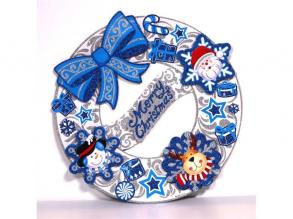 3D karácsonyi koszorú mintás/39x39cm/fehér-kék karton dekoráció